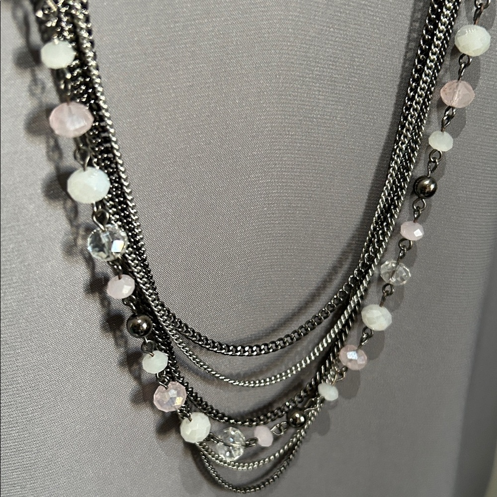 Striking Multi-Strand Gunmetal and Silver Faceted Pastel Beaded Long Necklace